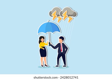 Altruistic leadership safeguarding team success, gentlemanly support, mutual respect, empathy concept, kindness businessman offer umbrella to protect woman.