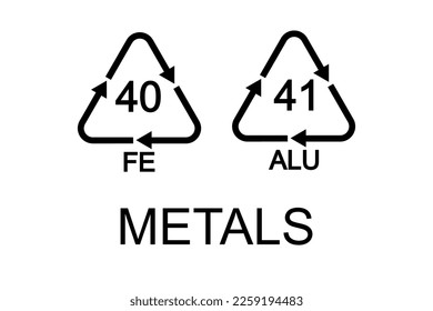 ALU 41 and FE 40 recycling signs in triangular shapes with arrows. Metal aluminium reusable icons isolated on white background. Environmental protection concept. Vector graphic illustration