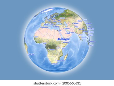 Al-Ubayyid-Sudan is shown on vector globe map. The map shows Al-Ubayyid-Sudan 's location in the world.