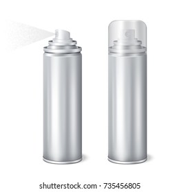 Aluminium aerosol 2 shining realistic mockup cans templates set with cap on and removed spraying vector illustration 