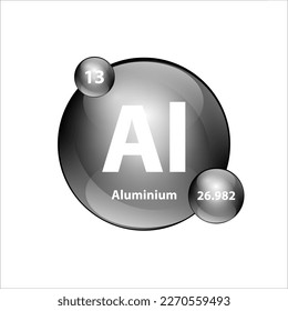 Aluminium, Aluminum (Al) chemical element Icon structure round shape circle grey, silver, black easily. Periodic table Sign with atomic number. Study in science for education. 3D Illustration vector.