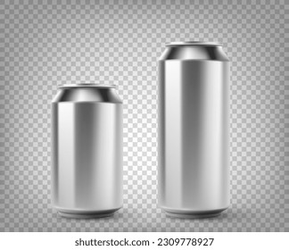 Las latas de cerveza de aluminio se burlan del resto aislado en un fondo transparente. 3.ª ilustración vectorial