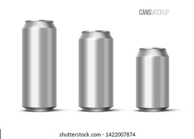 Aluminium beer, energy drink or soda pack mock up. Vector realistic blank metallic cans isolated on white background