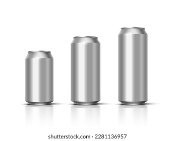 Aluminium beer, energy drink or soda pack mock up. Vector realistic blank metallic cans with mirror reflection isolated on white background.