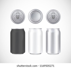 Aluminium beer pack. Metal, black and white can front, top and bottom view. Can vector visual 330 ml. For beer, lager, alcohol, soft drinks, soda advertising.