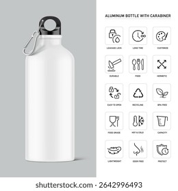 Aluminium bottle water with carabiner mockup with set icons. Vector illustration isolated on grey background. Ready for your custom design. EPS10.
