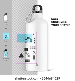 Aluminium bottle water with carabiner mockup with set icons. Vector illustration isolated on white background. Ready for your custom design. EPS10.