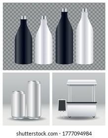 aluminium bottles and cans products branding with kiosk vector illustration design