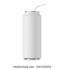 Aluminium can mockup 500 ml with straw mockup isolated on white background. Vector illustration