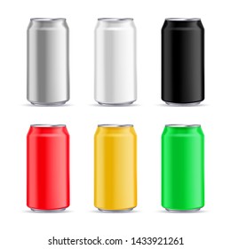 Aluminium can mockup design template. Vector realistic 3d illustration of multicolor aluminum beer, soda, water and other drinks packaging, isolated on white background. Blank metal tin with beverages