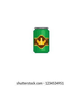 Aluminium Can of Premium Beer. Pixel art. Old school computer graphic. Element design stickers, logo, mobile app, menu. 8 bit video game. Game assets 8-bit sprite. 16-bit.