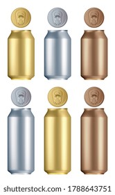 Aluminium can set. Isolated blank golden, silver and bronze aluminium or steel drink can with lid mockup collection. Vector empty soda or beer metallic tin container mock up template