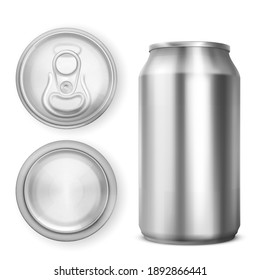 Aluminium can for soda or beer in front, top and bottom view. Vector realistic 3d mockup of blank metal tin can for drink with ring pull on lid isolated on white background