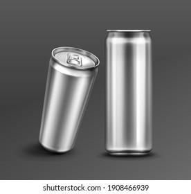 Aluminium Can For Soda Or Beer In Front And Perspective View. Vector Realistic Mockup Of Metal Tin Can For Drink With Ring Pull On Lid. 3d Template Of Blank Silver Package For Cold Beverage