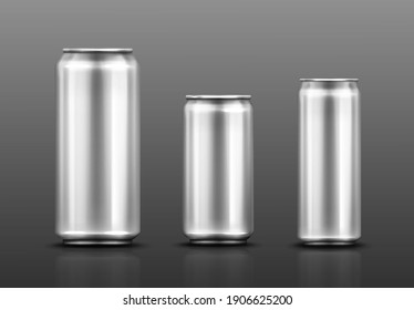 Aluminium can for soda or beer isolated on gray background. Vector realistic mockup of metal tin cans for drink different shapes. 3d template of blank silver package for cold beverage