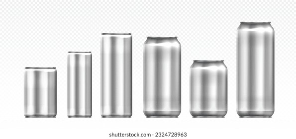 latas de aluminio de cerveza y set de refrescos. Bebidas alcohólicas y sabrosas en el espacio de copias. Cola y jugo en paquete de acero. Plantilla y burla. Colección vectorial realista aislada en fondo blanco