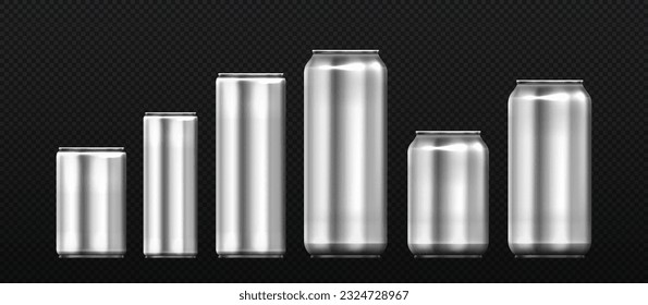 Aluminium cans of beer and soda set. Alcoholic and tasty drinks, beverage on copy space. Marketing and advertising. Realistic vector collection isolated on transparent background