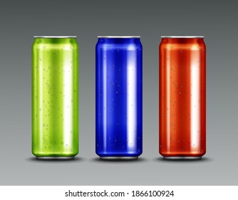 Aluminium cans with cold soda or beer and condensation water drops. Vector realistic mockup of blue, green and red metal tin cans for drink and beverage isolated on gray background