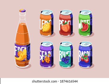 Aluminium cans with different fruit juice or lemonade. Glass bottle with fresh orange beverage. Vector flat illustration of metal tin cans with drinks from blueberry, lemon, watermelon and raspberry