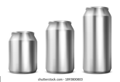 Aluminium cans different sizes for soda or beer isolated on white background. Vector realistic mockup of metal tin cans for drink front view. 3d template of blank silver package for cold beverage