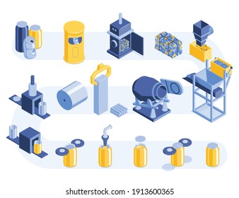 Aluminium cans recycling process stages isometric set from gathering sorting to pressing remolding rolling forming vector illustration 