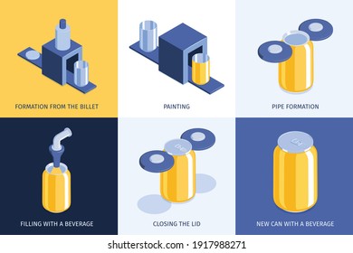 Aluminium cans recycling reprocessing concept isometric compositions with formation painting filling lid closing finished products vector illustration 