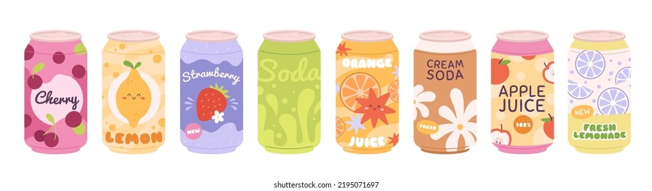 Aluminium Cans Refreshing Drinks. Sweet Lemonade And Juice, Soda Water Drink. Decorative Flat Carbonated Beverages. Cute Cartoon Racy Vector Design