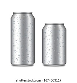 Aluminium cans with water drops. Mockup package for cold soda, beer, juice. Wet metal or steel packaging for beverage. Set of realistic bottles with dews. Glossy tin for drinks. vector illustration