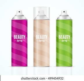 Aluminium Colorful Beauty Spray Can Set. Packaging Collection. Vector illustration of hairspray aerosol or deodorant pack design