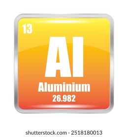 Ícone de elemento de alumínio. Número atômico 13. Massa atômica 26.982. Símbolo de quadrado amarelo.