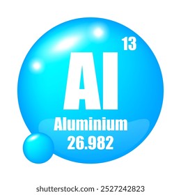 Aluminium element icon. Atomic number 13. Atomic mass 26.982. Blue spherical shape.