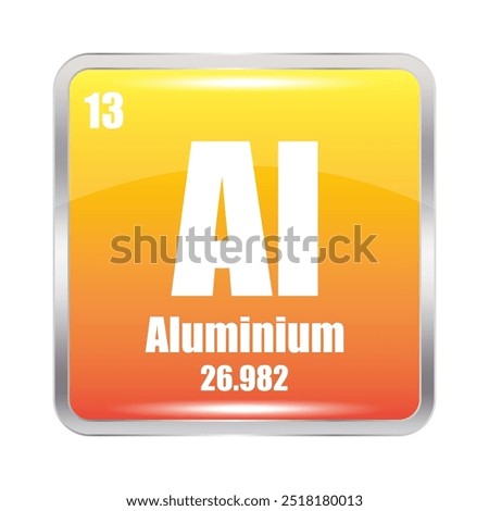 Aluminium element icon. Atomic number 13. Atomic mass 26.982. Yellow square symbol.