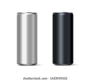 Aluminium energy drink or soda pack mock up. Vector realistic blank metallic cans isolated on white background