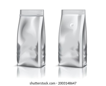 Aluminium Foil Coffee Bag Packaging Isolated On White Background. Front And Back View. EPS10 Vector