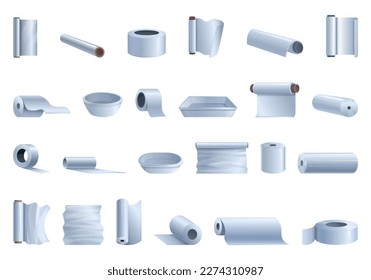 Aluminium foil icons set cartoon vector. Cooking roll. Baking metal