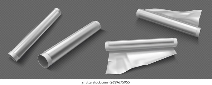 Aluminium foil roll tube and sheet set - shiny silver metal packaging material for food storage and kitchen use. Realistic 3d vector on transparent background. Disposable recyclable household item.
