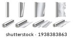 Aluminium foil rolls set. 3d detailed shiny silver thin aluminum foil roll for wrapping or decorate opened and closed view. Realistic vector illustration