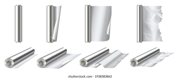 Aluminium foil rolls set. 3d detailed shiny silver thin aluminum foil roll for wrapping or decorate opened and closed view. Realistic vector illustration - Shutterstock ID 1938383863