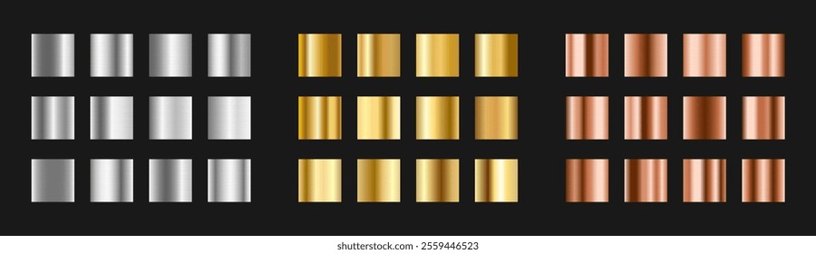 Aluminium, golden, bronze metallic gradient set. Shiny template metal shape. Glossy design for frames, banners, ribbons and labels. Vector illustration