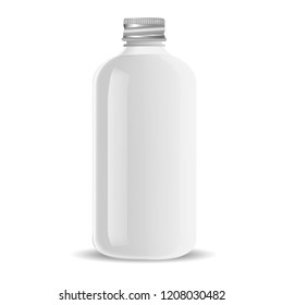 Aluminium Lid Pharmacy Bottle For Medical Liquid Products, Pills. White Glass Cosmetic Bottle Mockup For Shampoo, Soap, Gel. Vector Illustration.