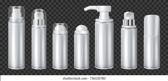 Aluminium liquid dispensers mockup aerosol deodorants and spray cans realistic set on dark transparent background vector illustration 