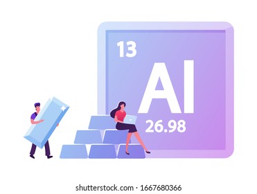 Elemento químico de la tabla Mendeleev de aluminio. Pequeño personaje masculino lleva una enorme barra de aluminio, una mujer sentada en una lámina de barras trabajando en una laptop. Gente que usa Ai Metal en la vida. Ilustración de vectores de caricatura