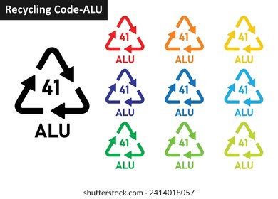 Aluminium metal recycling code icon set. Metal recycling symbols 41 ALU. Metal recycling code 41 icon collection in ten different colors. Set of meta recycling code symbol icon 41 ALU.