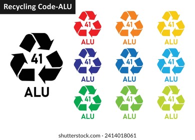 Aluminium metal recycling code icon set. Metal recycling symbols 41 ALU. Mobius Strip metal recycling code 41 icon collection in ten colors. Set of metal recycling code symbol icon 41 ALU.