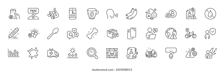 Aluminium mineral, Bitcoin and Search employee line icons. Pack of Consulting business, Upper arrows, Shift icon. Gift, Warning, Inspect pictogram. Sausage, Refrigerator app, No waterproof. Vector