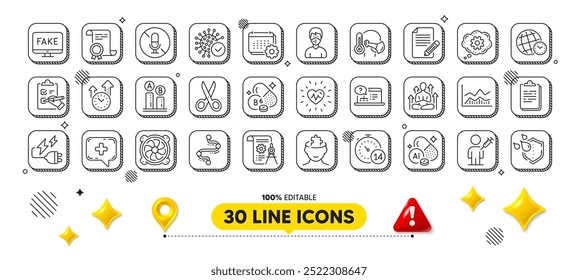 Paquete de iconos de línea de enchufe de aluminio, mineral, coronavirus y electricidad. Elementos de diseño 3D. Enigma mental, noticias falsas, ícono de Web de fanáticos de la computadora. Sin micrófono, máscara médica, pictograma de lista de verificación. Vector