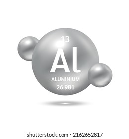 Aluminium molecule models silver and chemical formulas scientific element. Ecology and biochemistry concept. Isolated spheres on white background. 3D Vector Illustration.