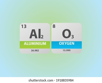 Aluminium Oxide Al2O3 molecule. Simple molecular formula consisting of Aluminium, Oxygen ,  elements. Chemical compound simplified structure on blue background, for chemistry education 