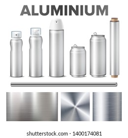 Aluminium And Product Made From Metal Stuff Vector. Aluminium Blank Beer Or Soda Glossy Bottle, Aerosol Spray, Foil And Circular Brushed Steel Material Texture. Realistic 3d Illustration