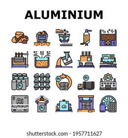 Aluminium Production Collection Icons Set Vector. Processing Of Aluminium Production And Factory, Pressing And Manufacture, Transportation And Carrying Concept Linear Pictograms. Contour Illustrations